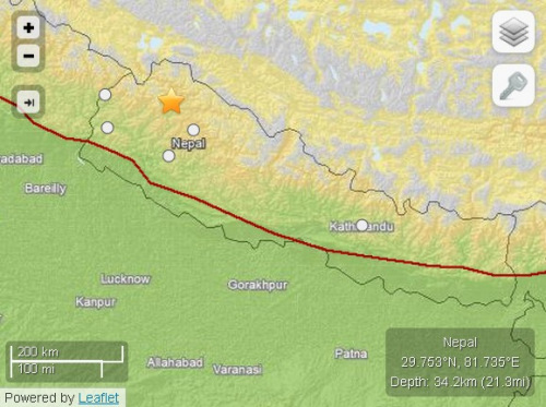 尼泊爾發(fā)生5.0級(jí)地震震源深度34.2公里