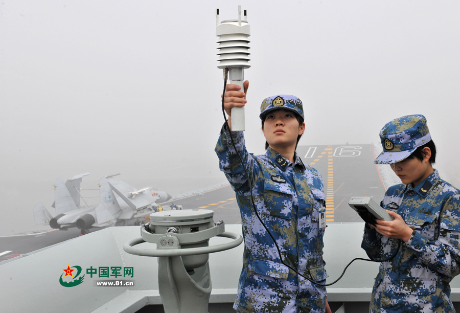 飛行前氣象值班女艦員進行風力參數(shù)測定。本網(wǎng)通訊員 王松岐 攝