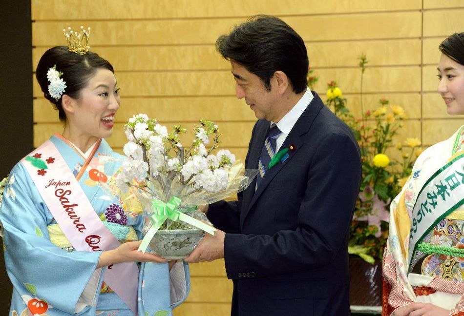 安倍接見日本櫻花女王、綠色女神